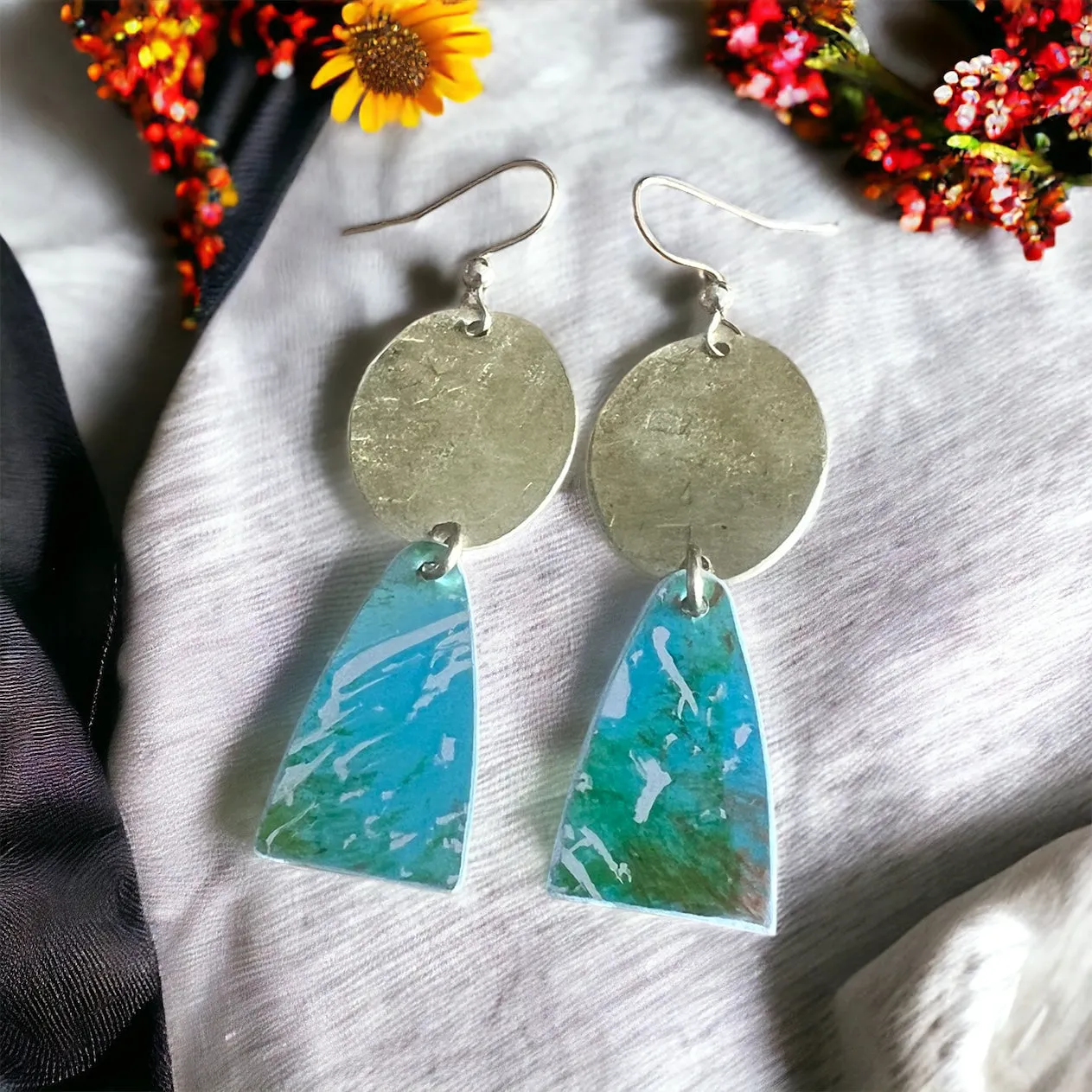 Brushed brass and turquoise aluminium earrings.