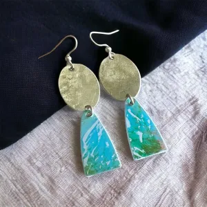 Brushed brass and turquoise aluminium earrings.