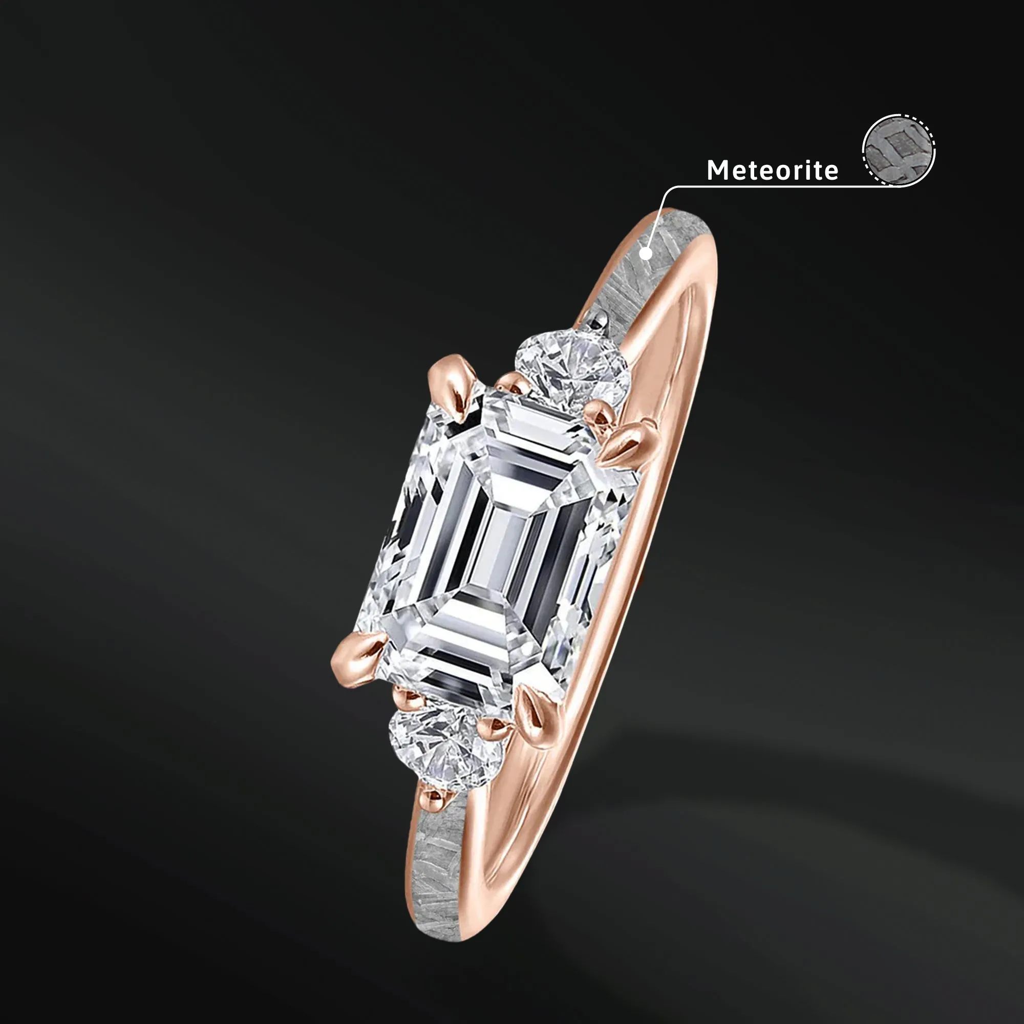 CELESTIAL GRACE | EMERALD-CUT DIAMOND ENGAGEMENT RING FOR HER IN 14K GOLD WITH NATURAL METEORITE BAND