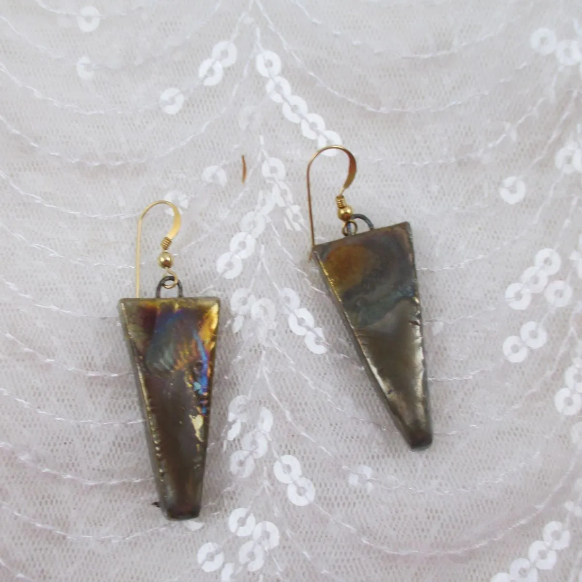 Coppery Gold Metallic Artisan Handmade Earrings Raku Glaze