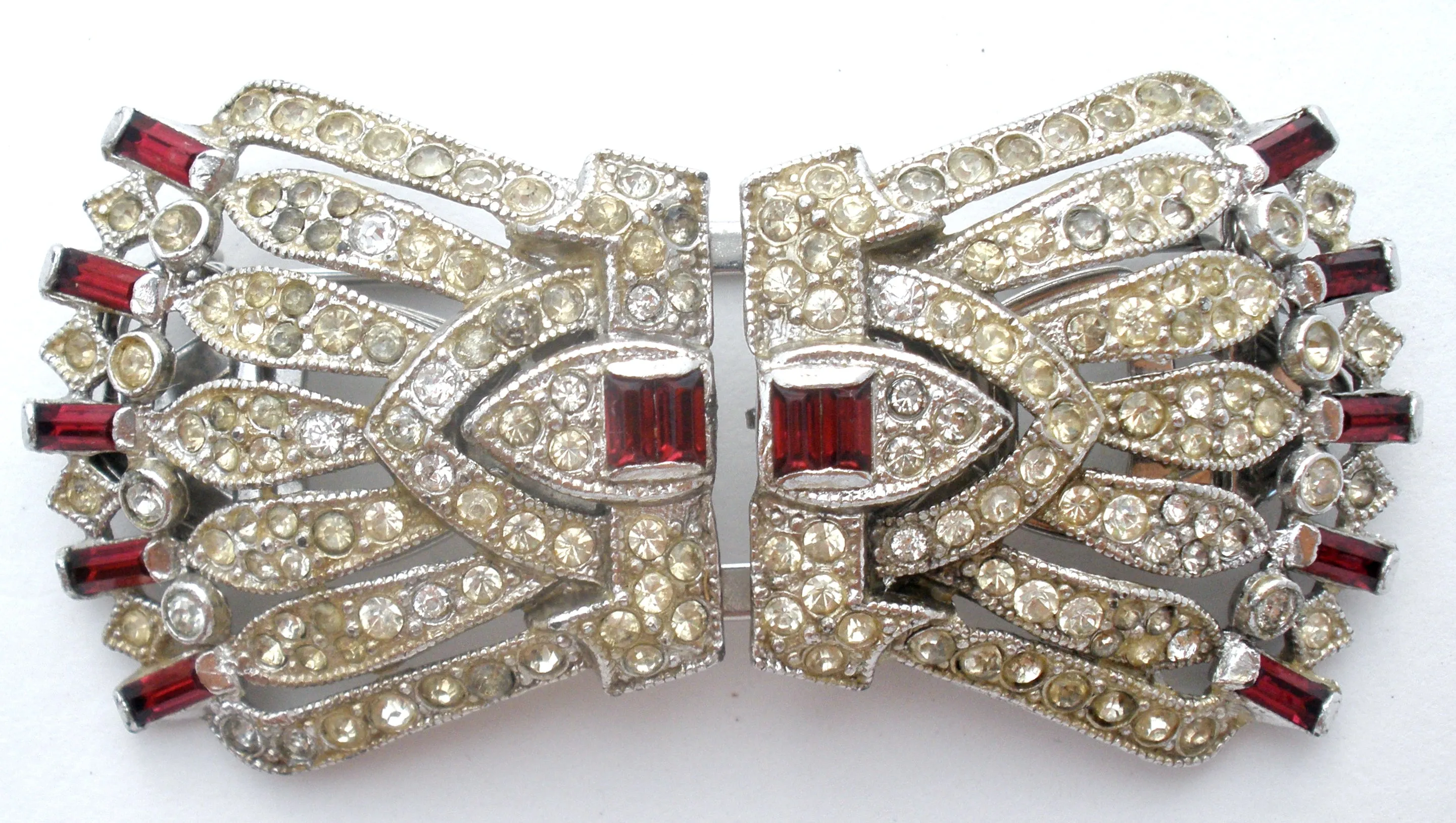 Coro Red Rhinestone Dress Clip Duette Brooch