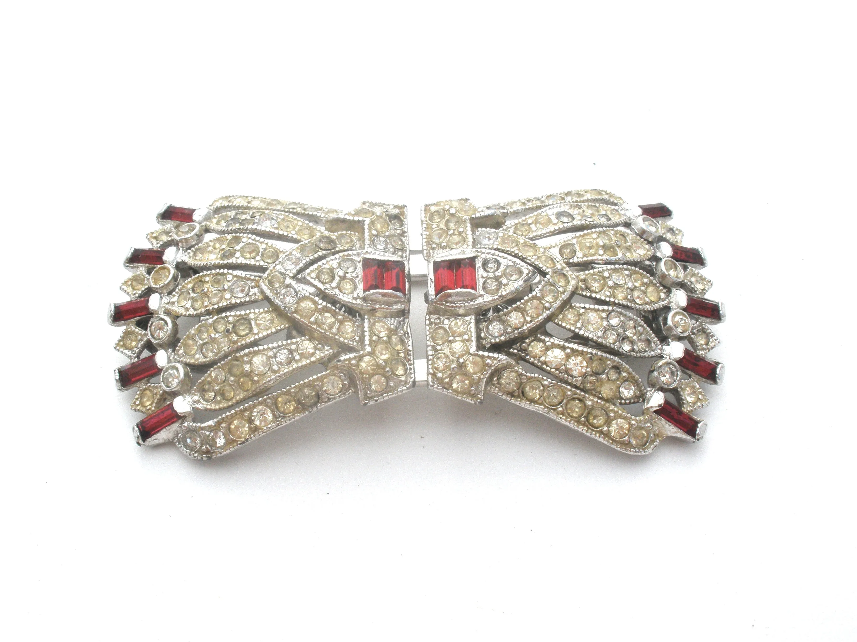 Coro Red Rhinestone Dress Clip Duette Brooch