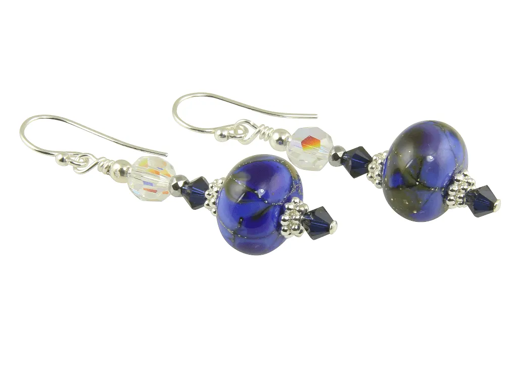 Cosmic Silver Blue Lampwork Earrings