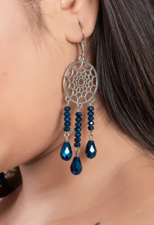 Designer Handmade Blue Crystal Earrings with Dreamcatcher Design in German Silver