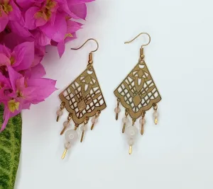 Diamond Lace Earrings with Rose Quartz