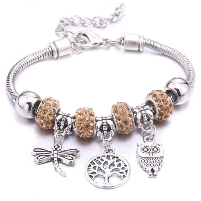 Dropshipping dragonfly owl Shape Crystal Charm Bracelets Beads Bracelet Women DIY Beads Brand Bracelets & Bangles Jewelry Gift