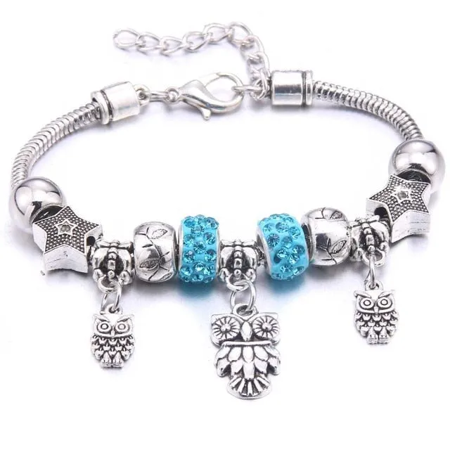 Dropshipping dragonfly owl Shape Crystal Charm Bracelets Beads Bracelet Women DIY Beads Brand Bracelets & Bangles Jewelry Gift