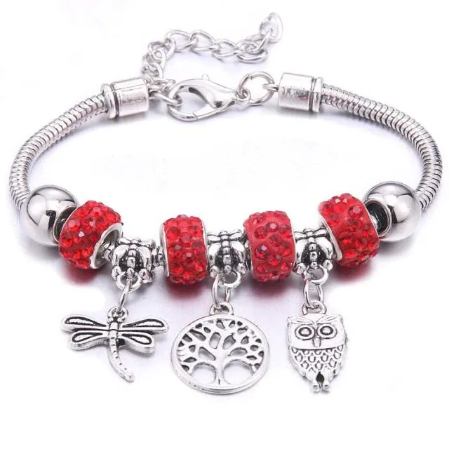 Dropshipping dragonfly owl Shape Crystal Charm Bracelets Beads Bracelet Women DIY Beads Brand Bracelets & Bangles Jewelry Gift