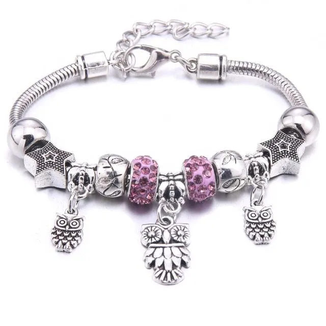 Dropshipping dragonfly owl Shape Crystal Charm Bracelets Beads Bracelet Women DIY Beads Brand Bracelets & Bangles Jewelry Gift