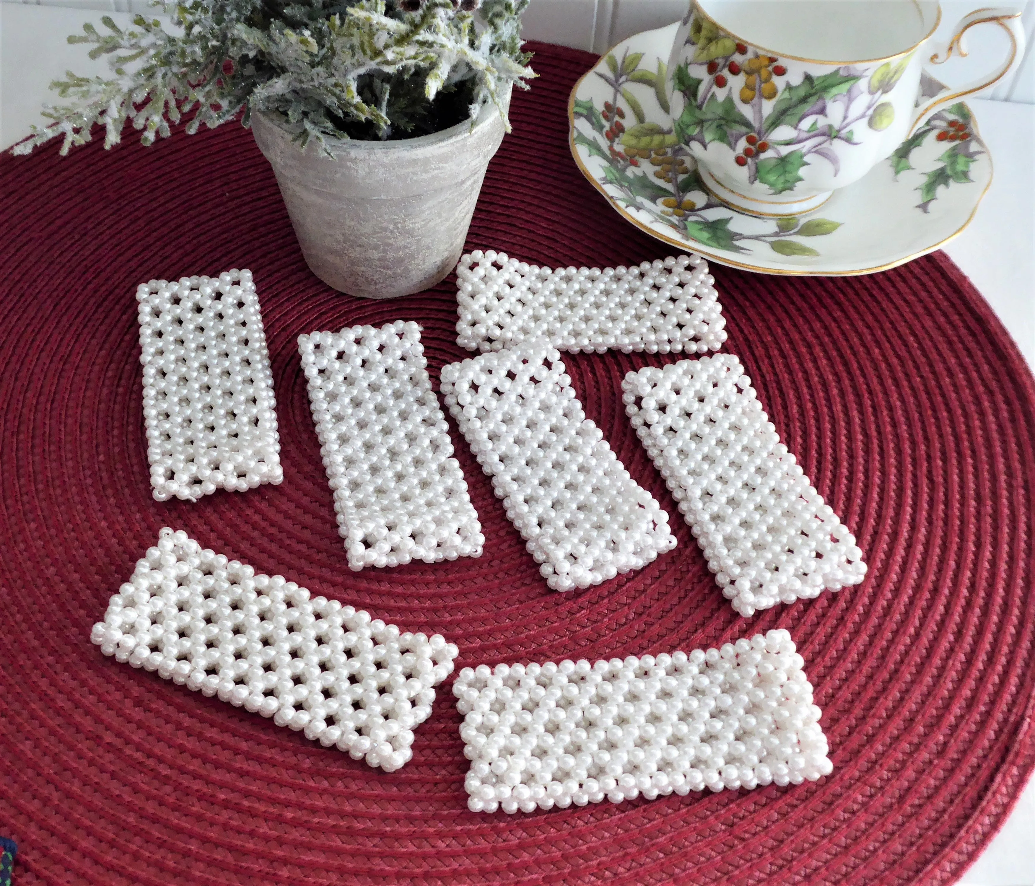 Elegant Pearl Napkin Ring Set Of 7 White Faux Pearl Mesh Dainty Vintage