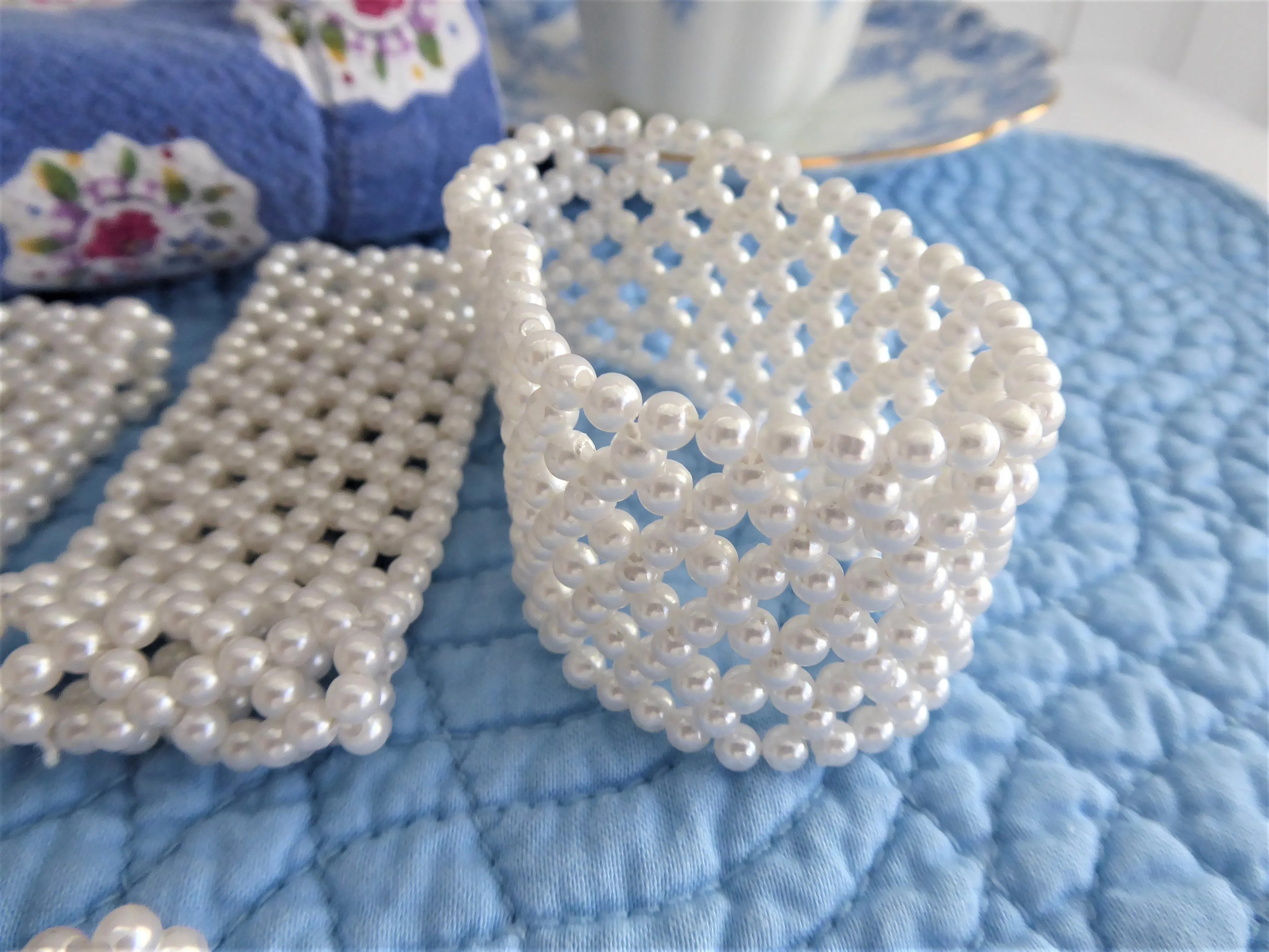 Elegant Pearl Napkin Ring Set Of 7 White Faux Pearl Mesh Dainty Vintage