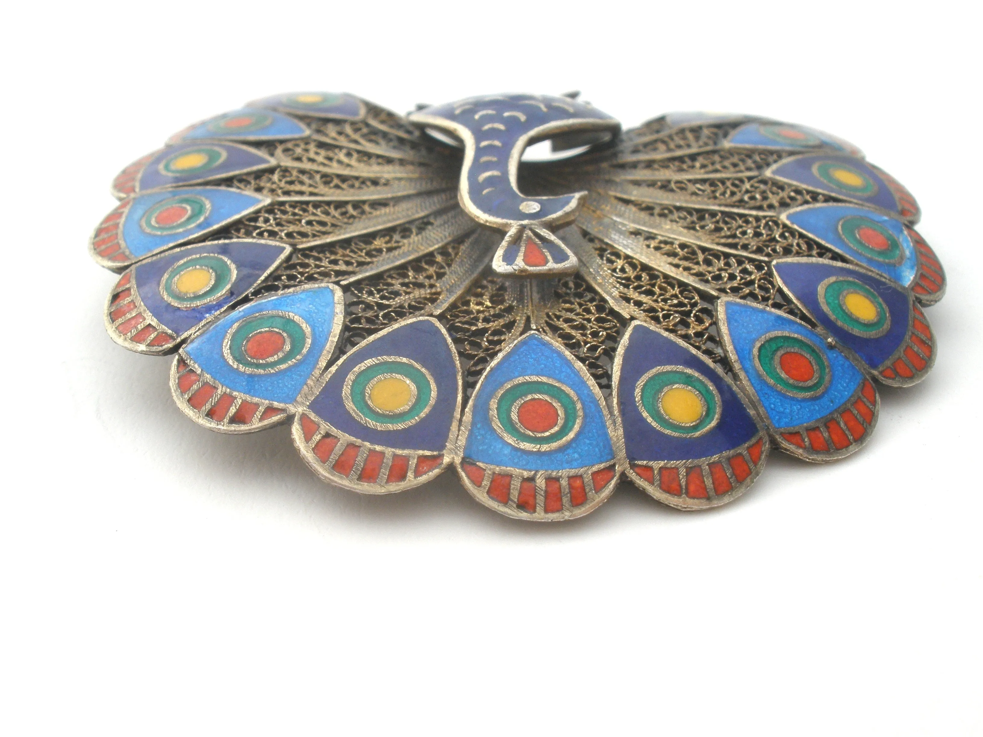 Enamel Peacock Brooch Vintage Sterling Silver