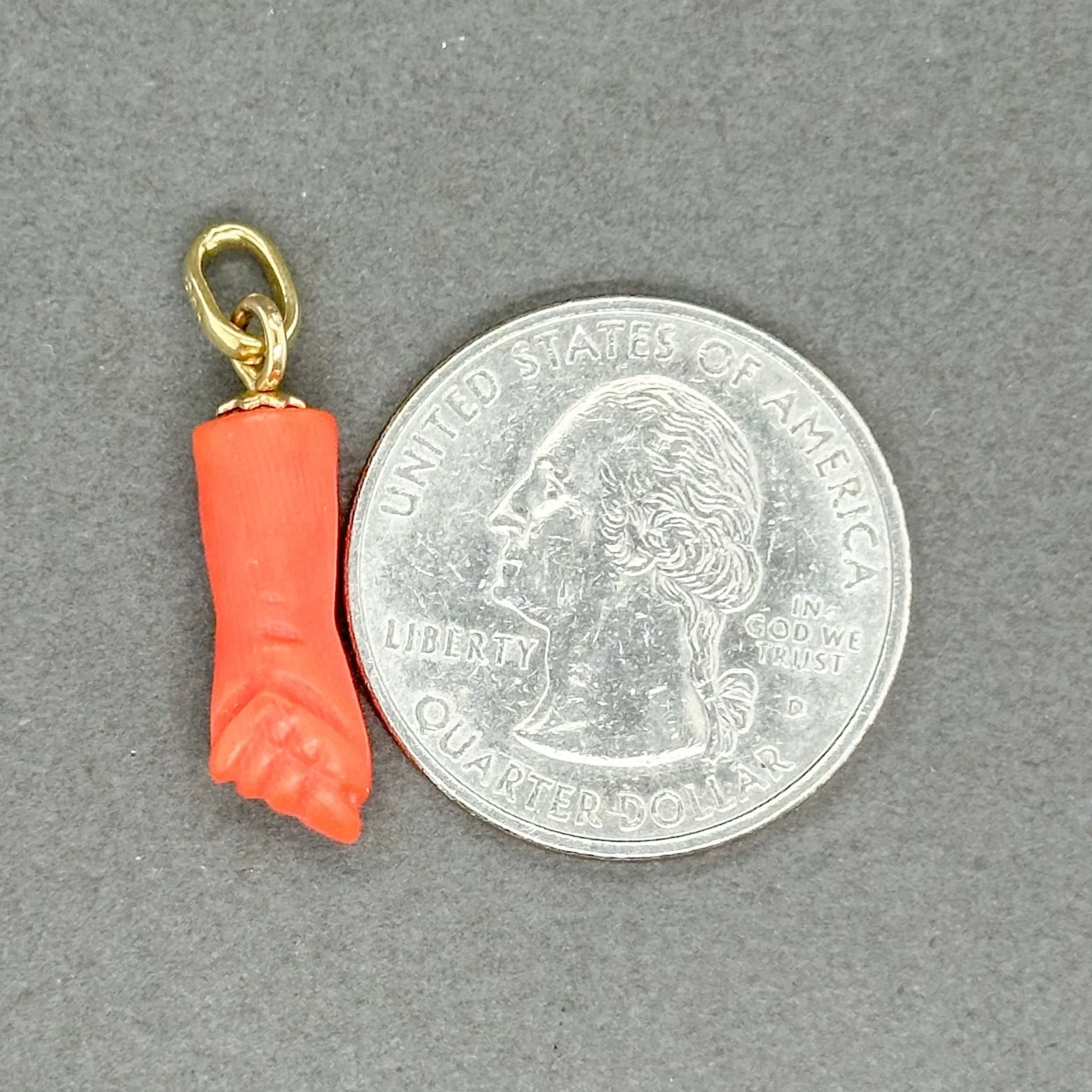 Estate 18K Y Gold Coral Mano Fico Pendant