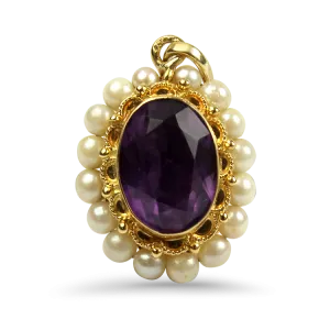 Estate 18k Yellow Gold Oval Amethyst & Pearl Pendant