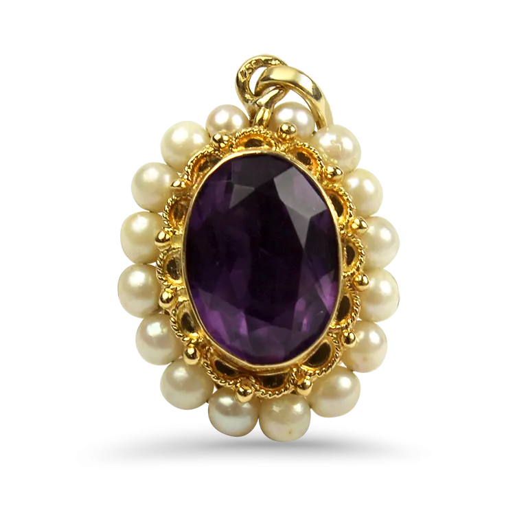 Estate 18k Yellow Gold Oval Amethyst & Pearl Pendant