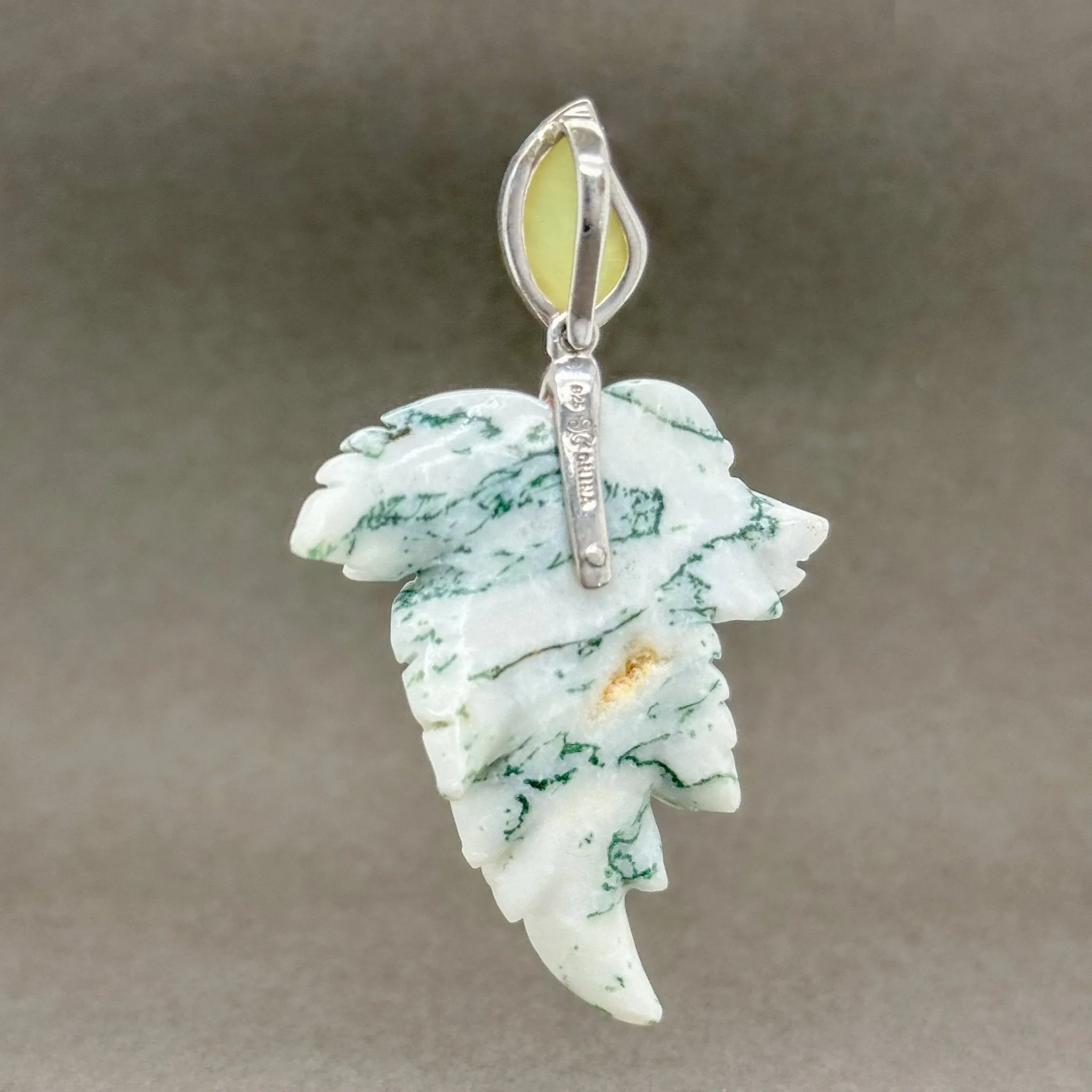 Estate SS Jody Crowell Carved Moss Agate Leaf Pendant A