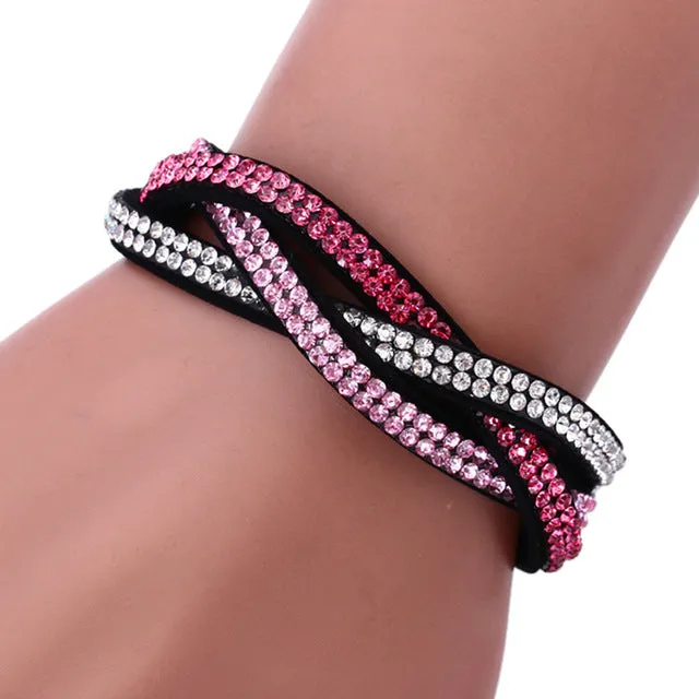 Fashion Charm Rhinestone Leather Wrap Crystal Multilayer Bracelets Bangles for Women Party Jewelry Bracelets KQS