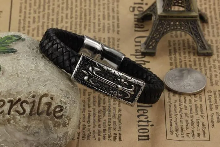 Fashion jewelry Genuine leather titanium steel Bracelets domineering man punk retro pattern male Bracelet