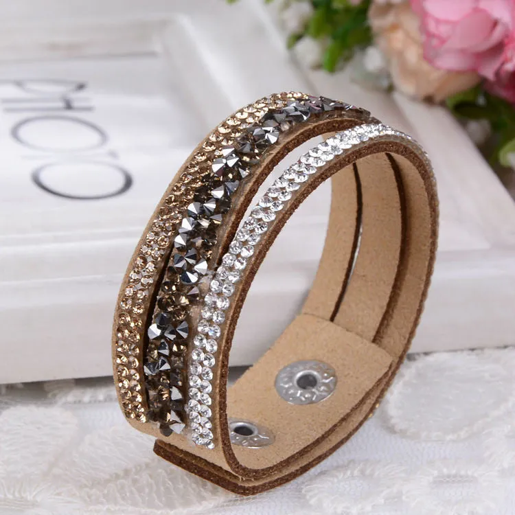 Fashion Lap Layer Wrap Bracelets Slake Leather Bracelet for women With Crystals Couple Jewelry