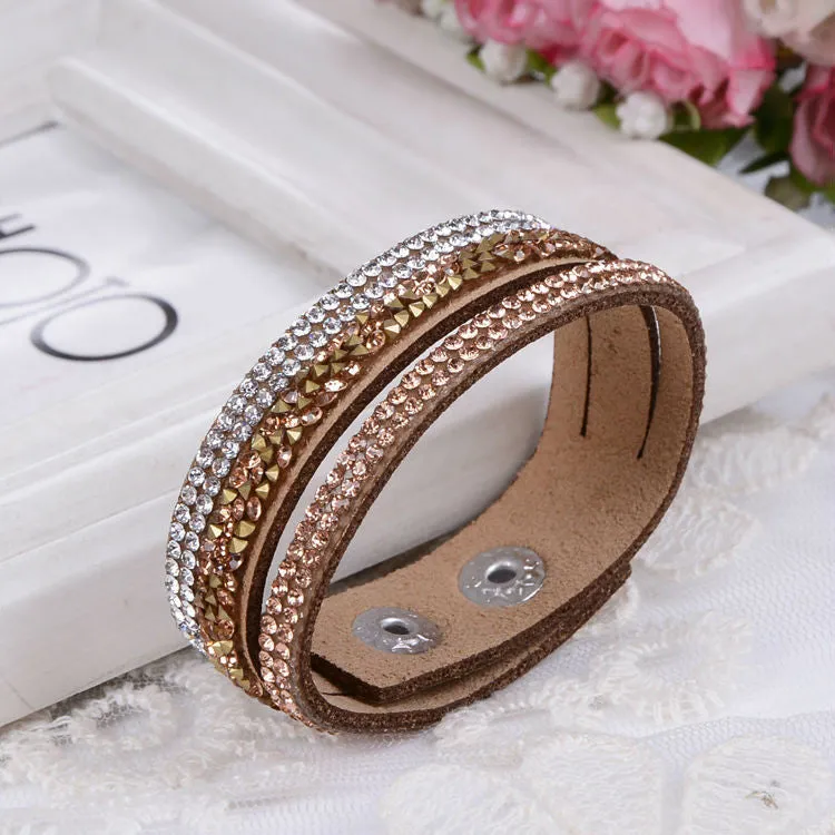 Fashion Lap Layer Wrap Bracelets Slake Leather Bracelet for women With Crystals Couple Jewelry