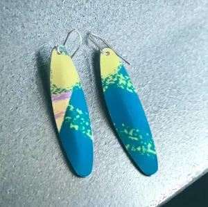 Feather style glossy green and yellow slight pink earrings