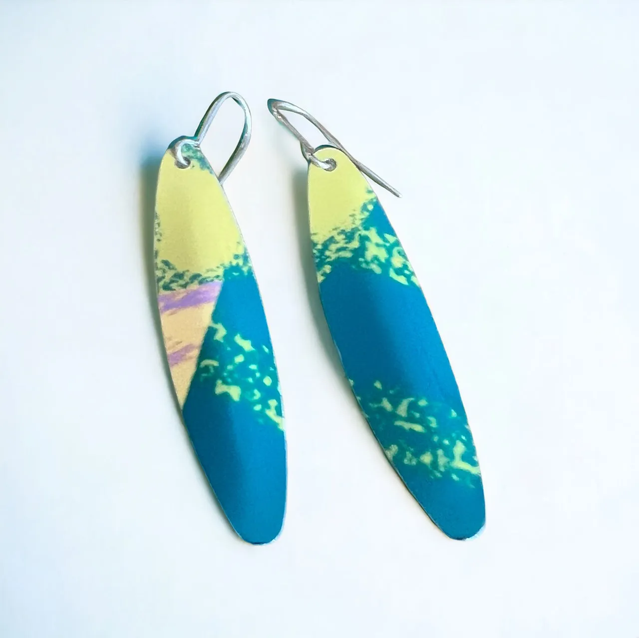 Feather style glossy green and yellow slight pink earrings