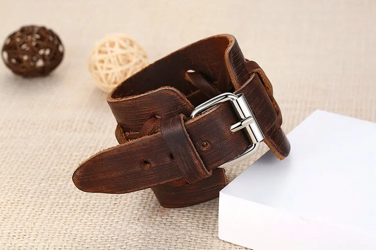 Genuine Leather CrissCross Alloy Clasp Adjustable Bracelet