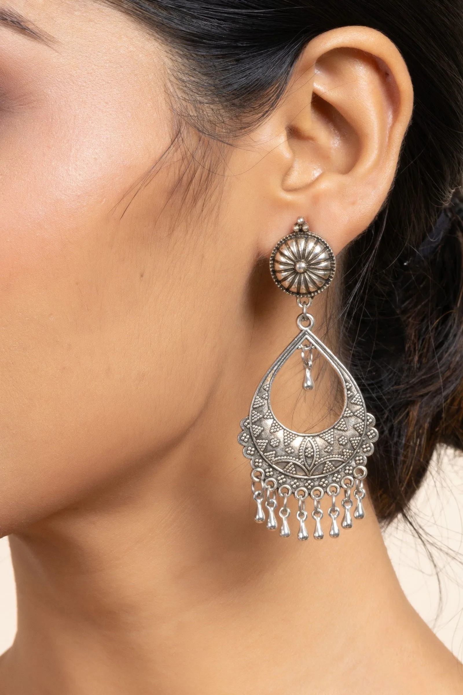 German Silver Round Stud Chandbali Earrings with Unique Design - Elegant Handcrafted Jewelry