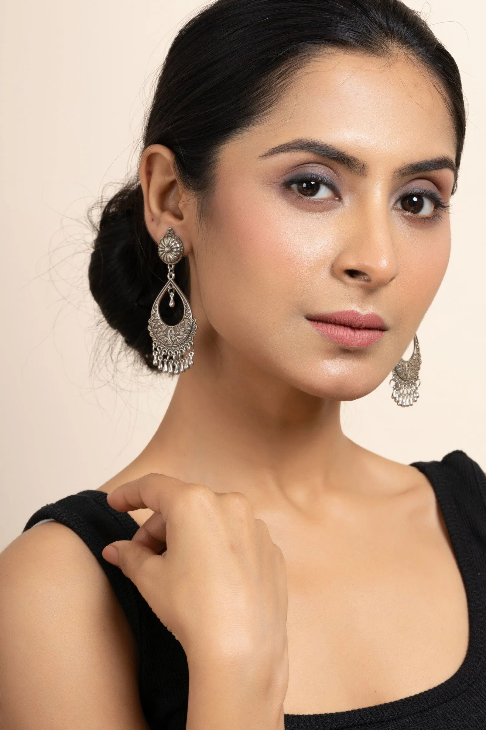 German Silver Round Stud Chandbali Earrings with Unique Design - Elegant Handcrafted Jewelry