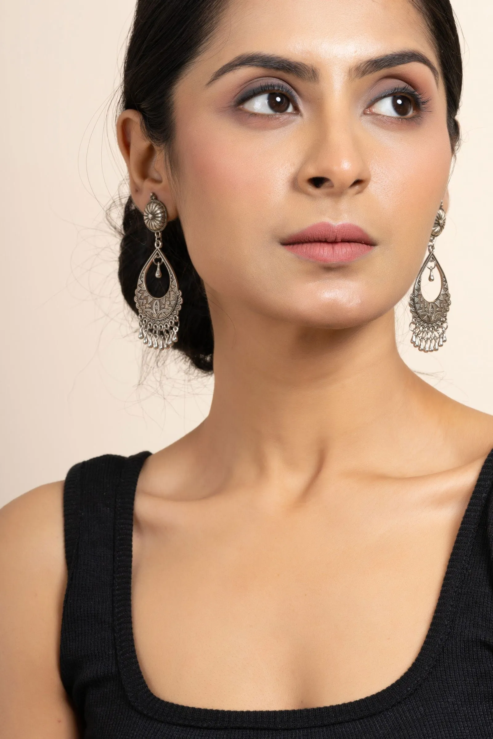 German Silver Round Stud Chandbali Earrings with Unique Design - Elegant Handcrafted Jewelry