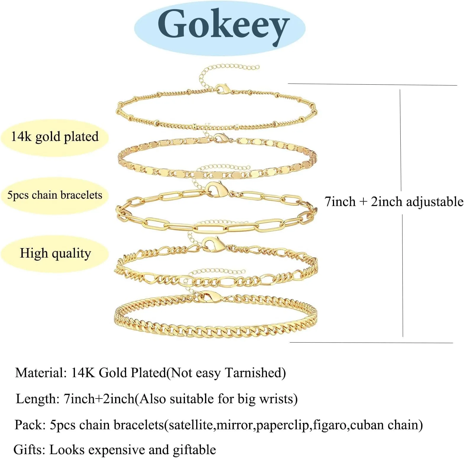 Gokeey Gold Bracelets for Women Trendy Fashion Dainty Gold Adjustable Layered Link Chain Bracelet Pack for Women 14K Real Gold Cute Jewelry Set Gifts 5pcs