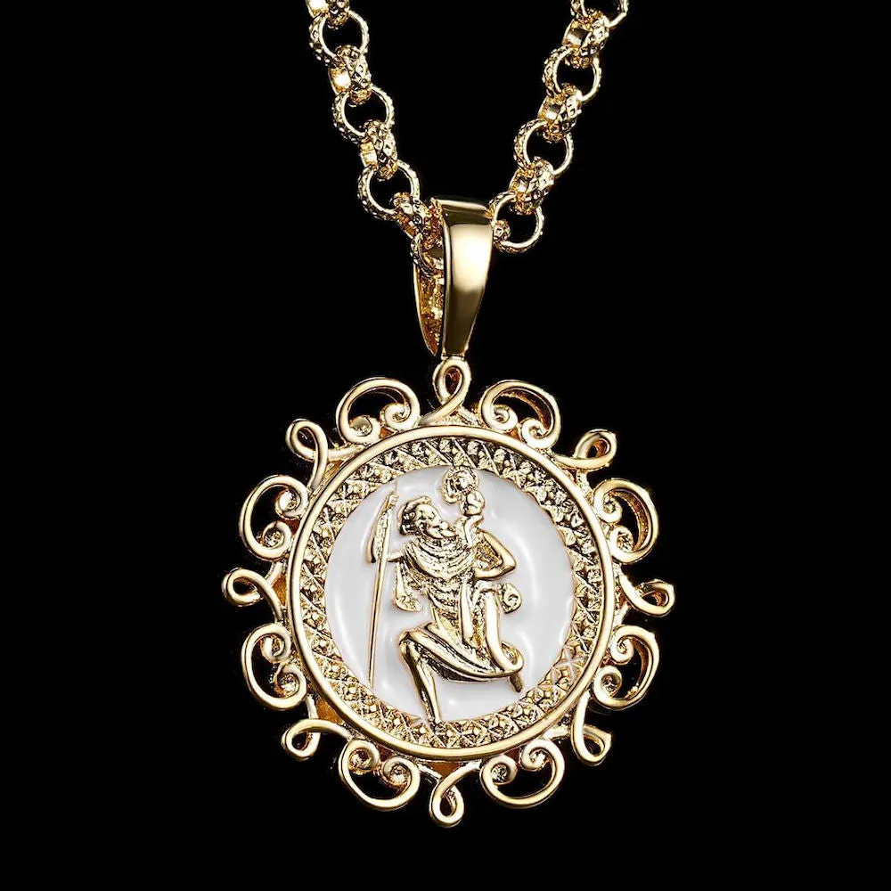 Gold Filled Bonded Ornate St Christopher Pendant 22 Inch 4mm Belcher Chain