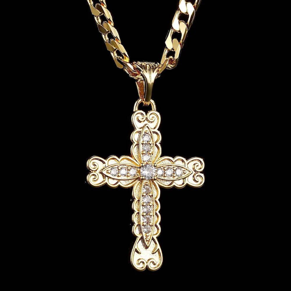 Gold Ornate Cross Pendant with Stones 22 Inch 4mm Cuban Chain