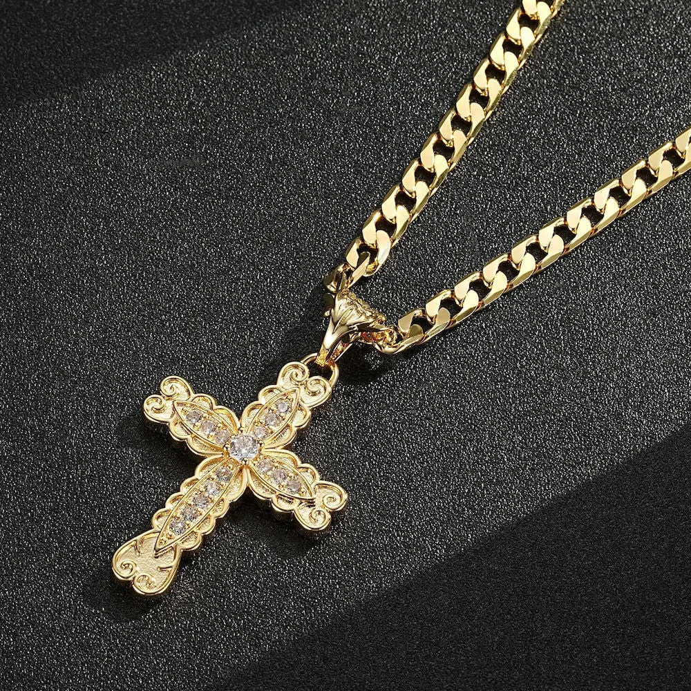 Gold Ornate Cross Pendant with Stones 22 Inch 4mm Cuban Chain