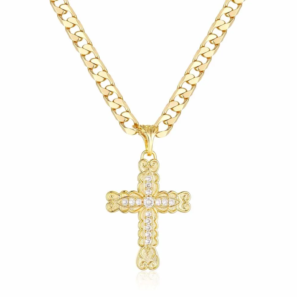 Gold Ornate Cross Pendant with Stones 22 Inch 4mm Cuban Chain