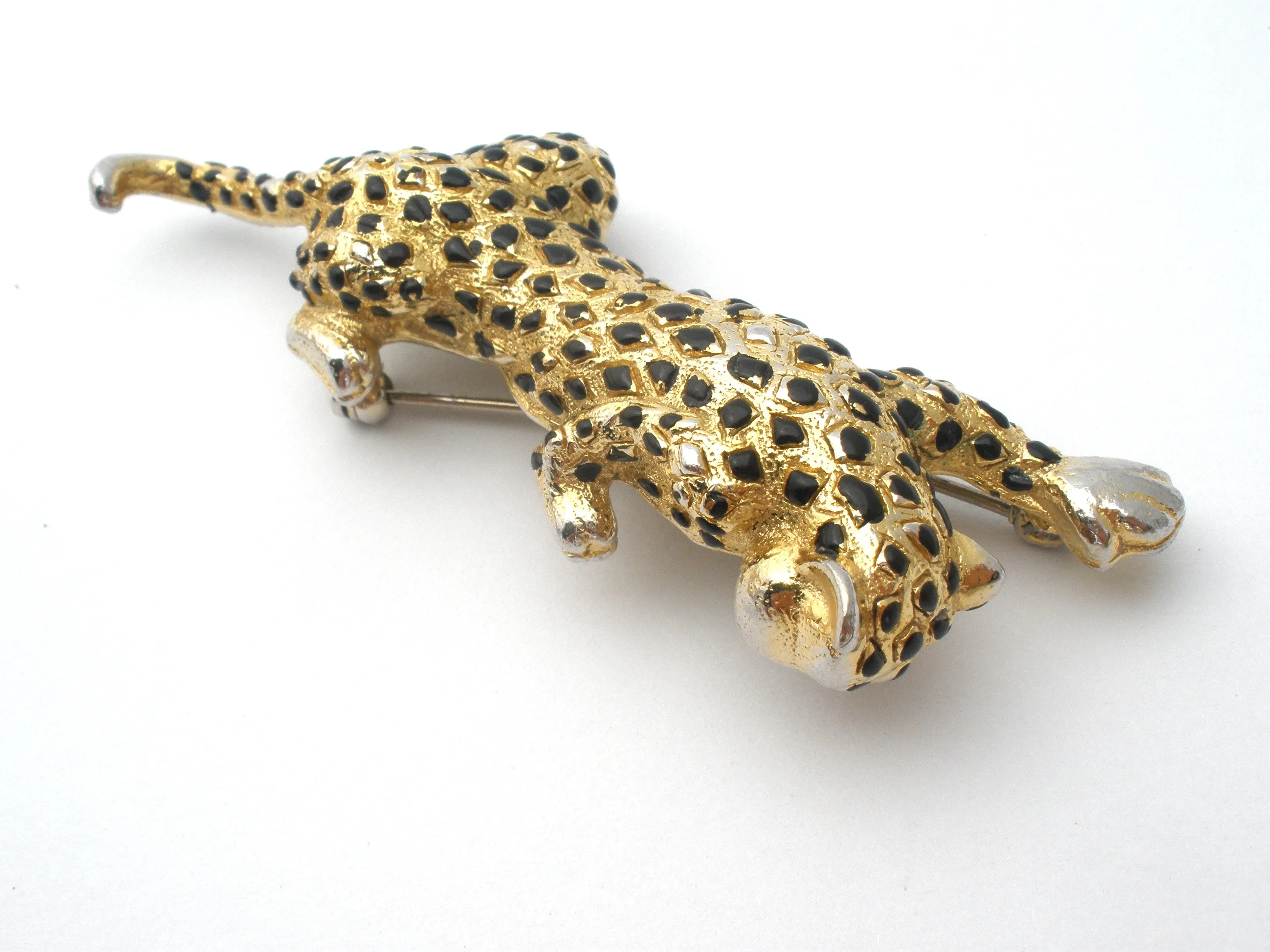 Gold Tone Black Enamel Spotted Leopard Brooch Pin