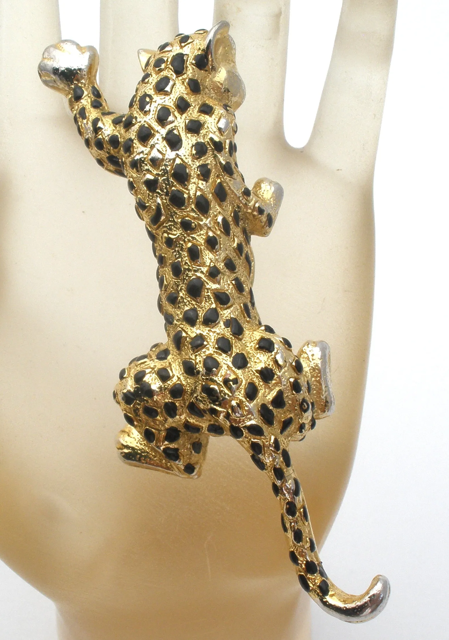 Gold Tone Black Enamel Spotted Leopard Brooch Pin