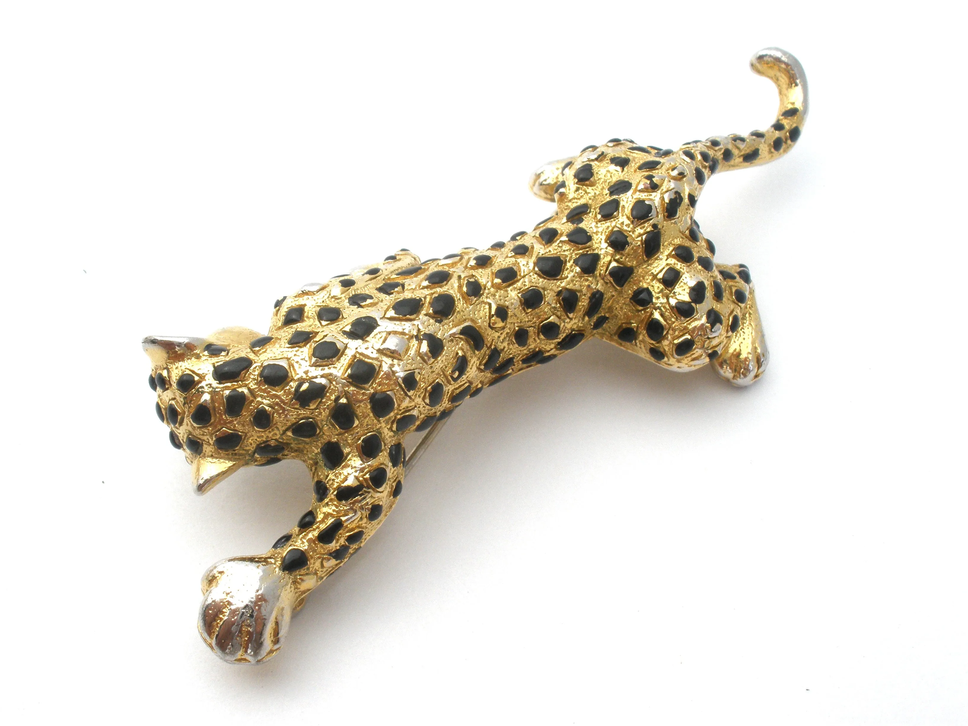 Gold Tone Black Enamel Spotted Leopard Brooch Pin