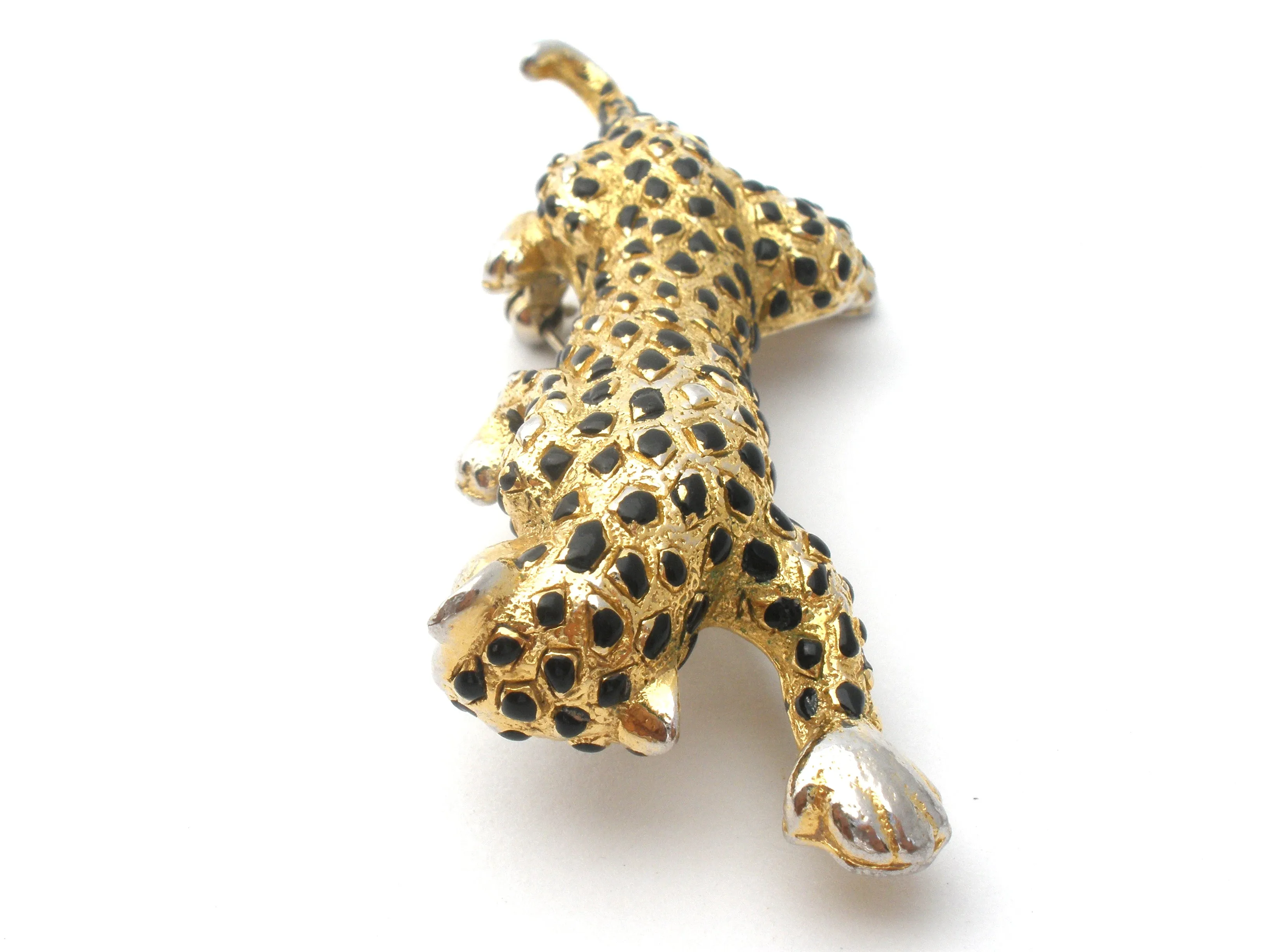 Gold Tone Black Enamel Spotted Leopard Brooch Pin