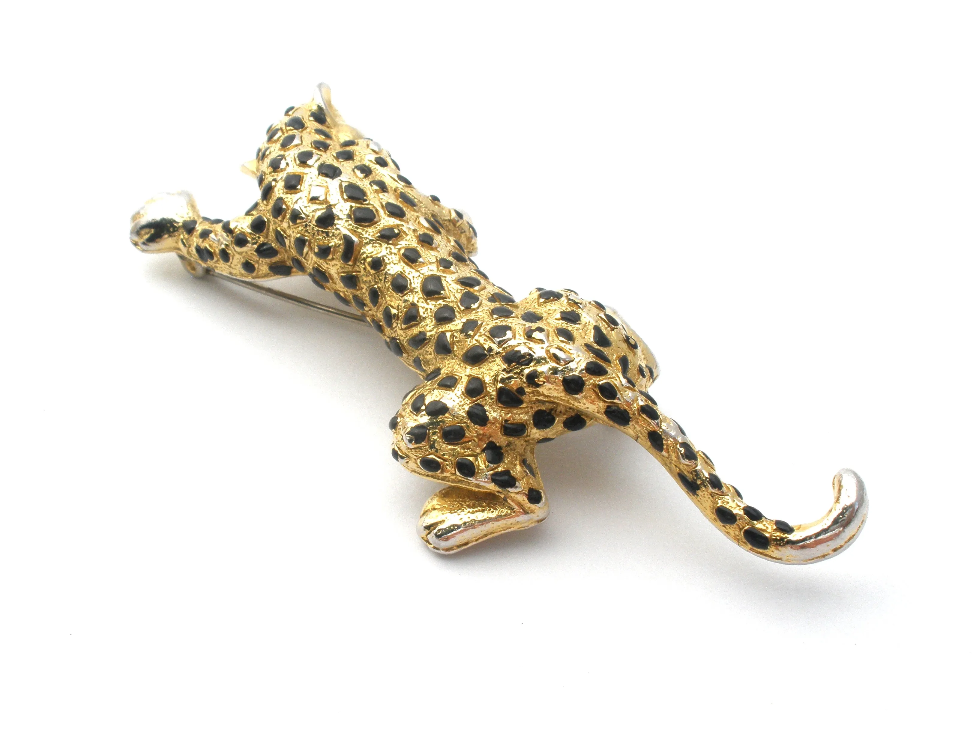 Gold Tone Black Enamel Spotted Leopard Brooch Pin