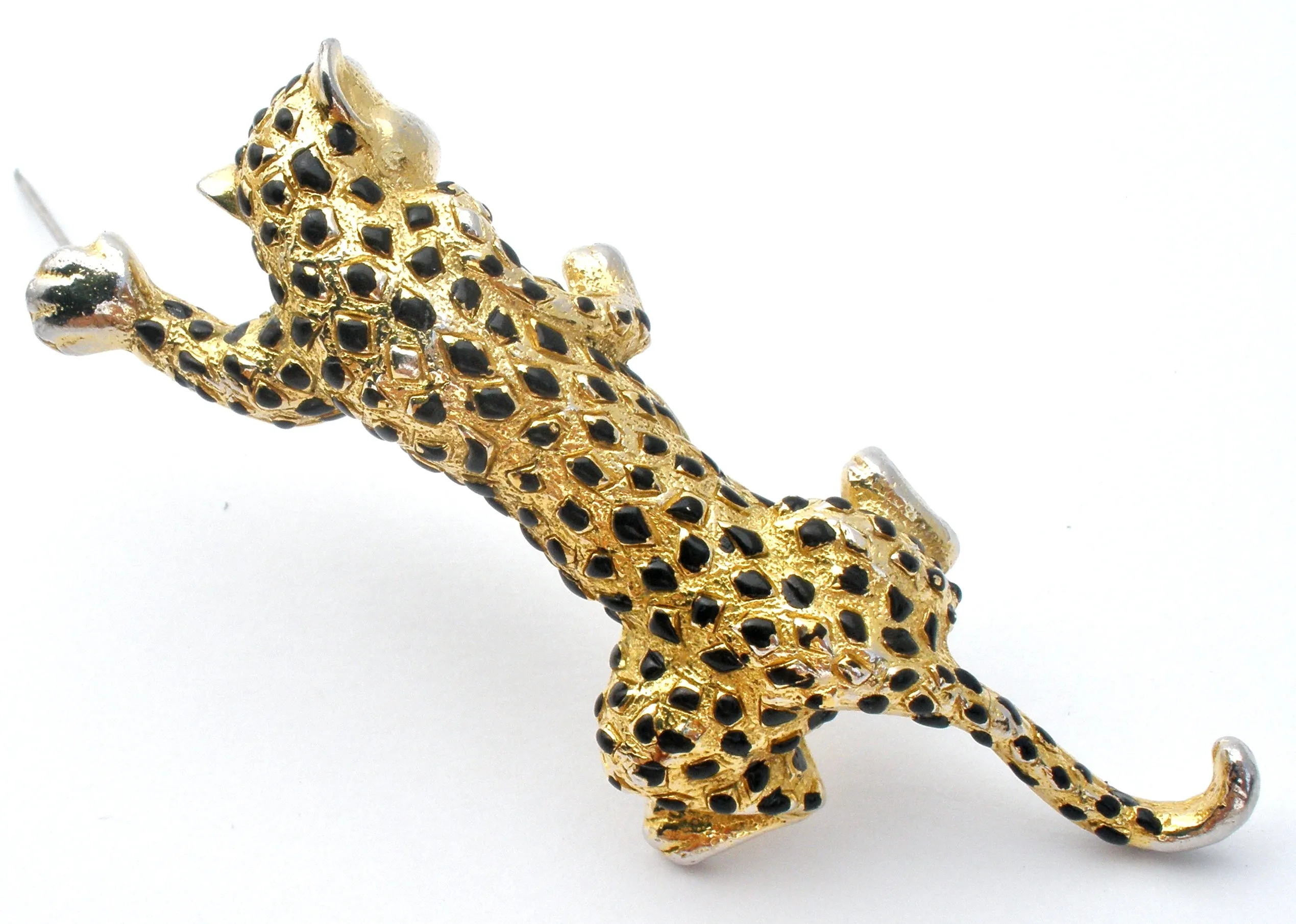 Gold Tone Black Enamel Spotted Leopard Brooch Pin