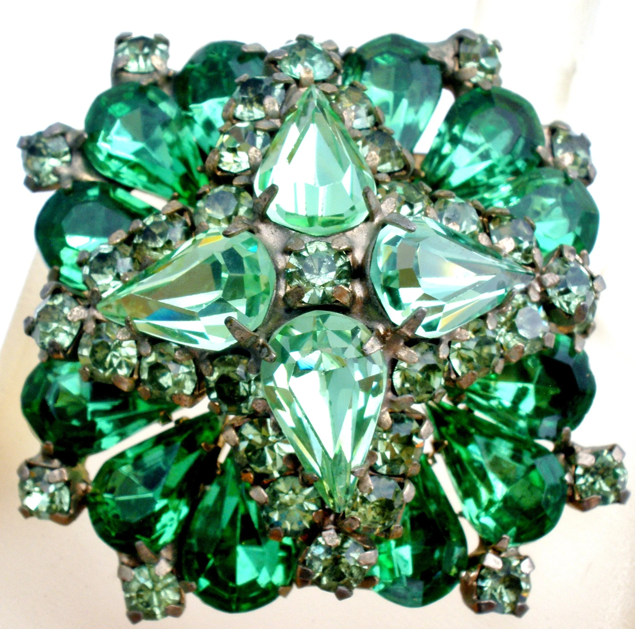 Green Rhinestone Layered Brooch Pin Vintage