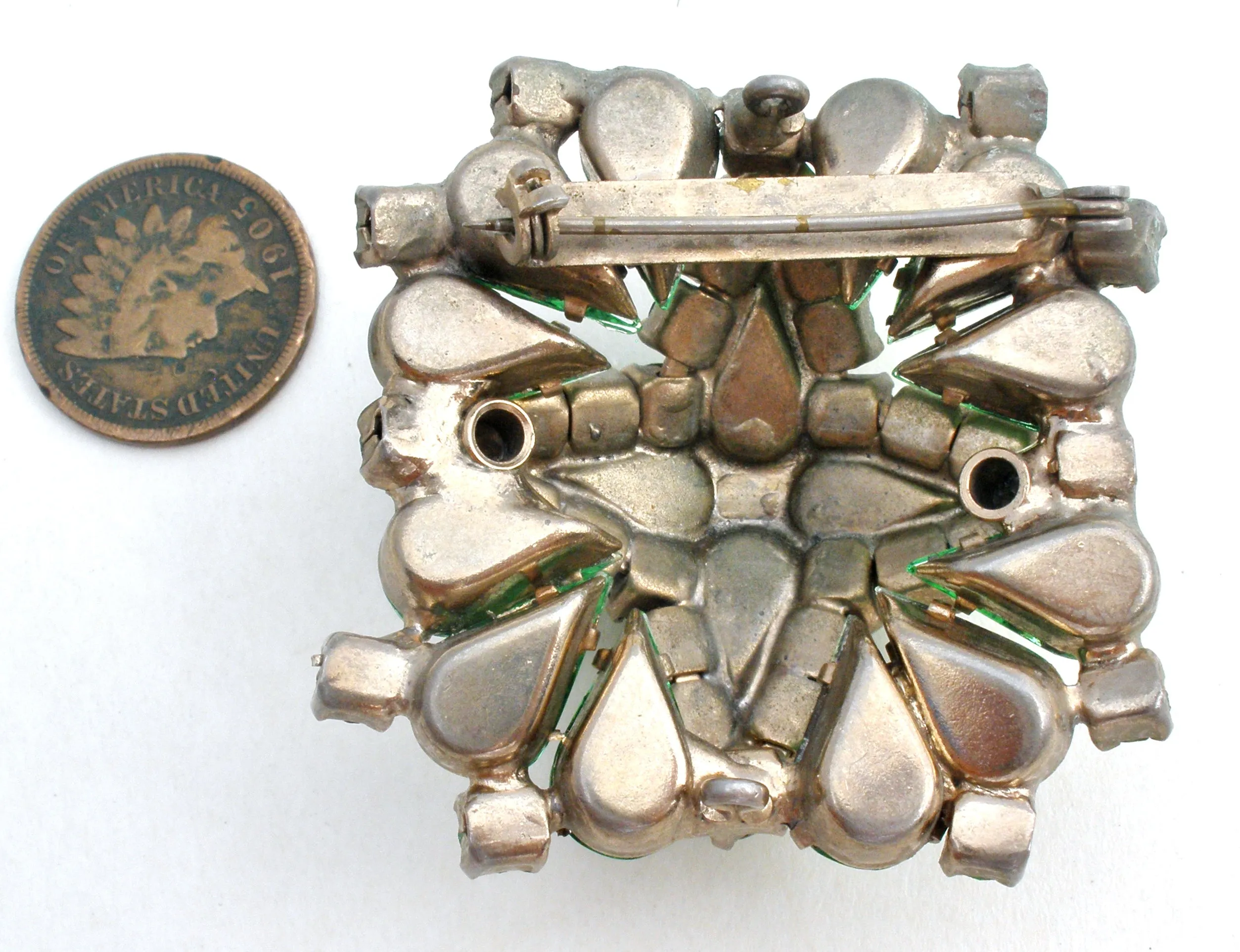 Green Rhinestone Layered Brooch Pin Vintage