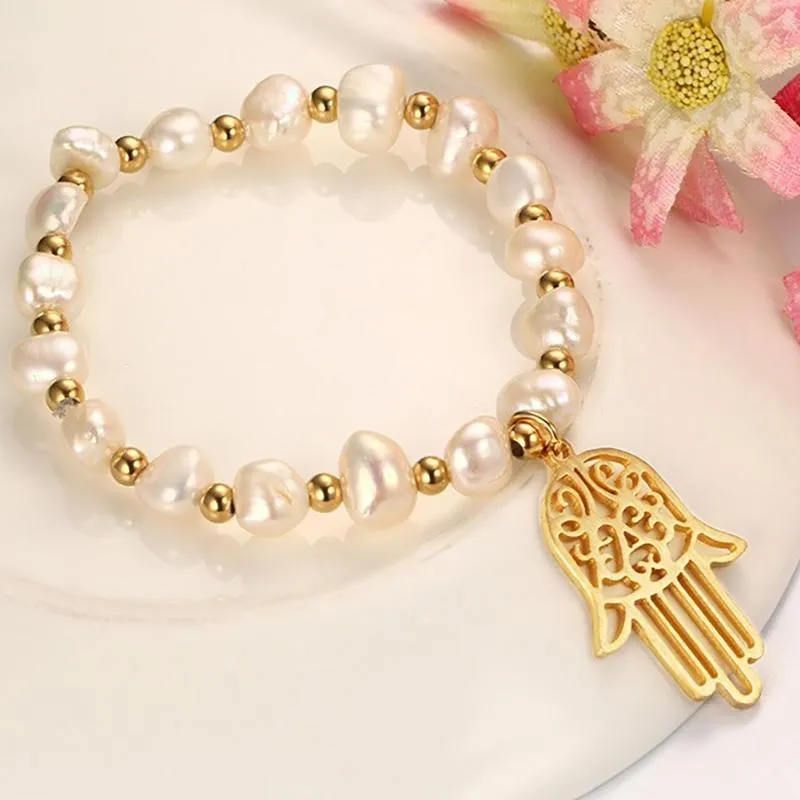 Hamsa Hand Freshwater Pearl Bracelet