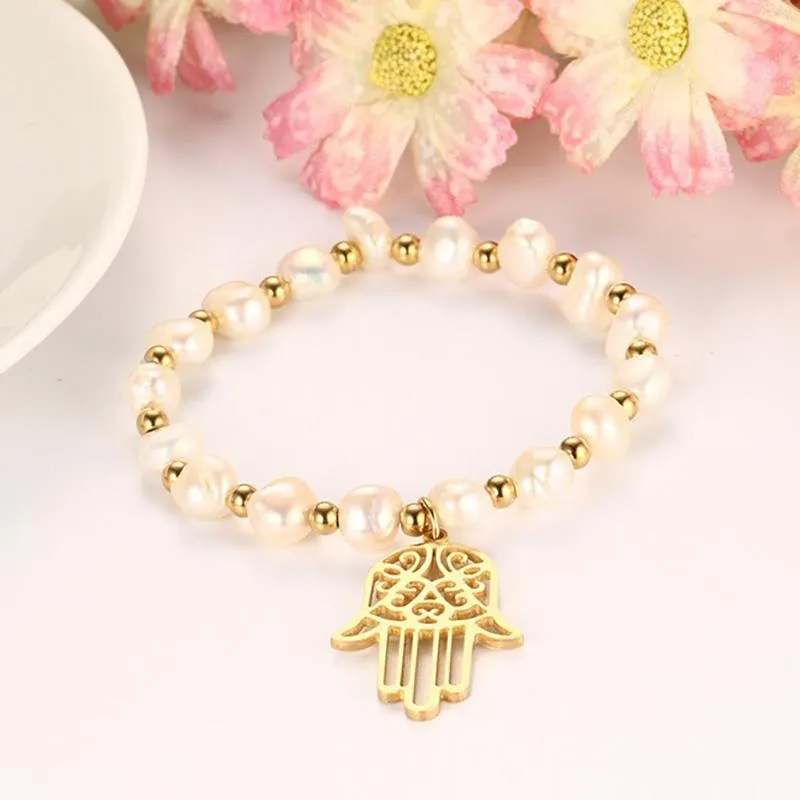 Hamsa Hand Freshwater Pearl Bracelet