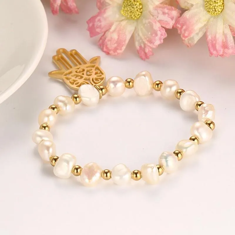 Hamsa Hand Freshwater Pearl Bracelet