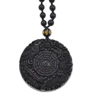 Hand Carved Dragon Phoenix Obsidian Necklace