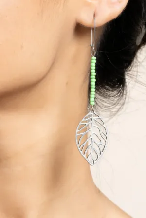 Handcrafted German Silver Leaf Earrings with Green Seed Beads - Nature-Inspired Jewelry