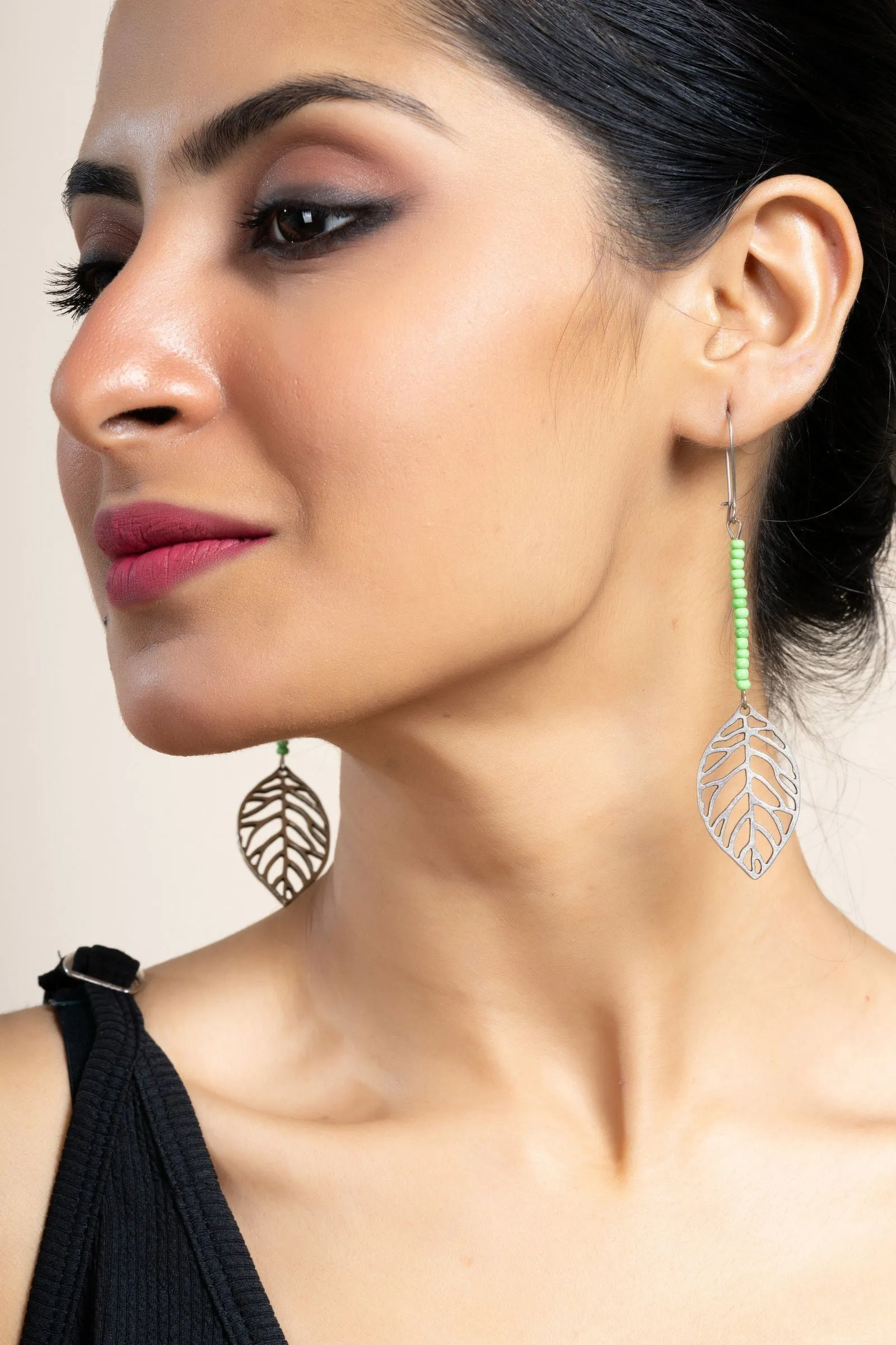 Handcrafted German Silver Leaf Earrings with Green Seed Beads - Nature-Inspired Jewelry