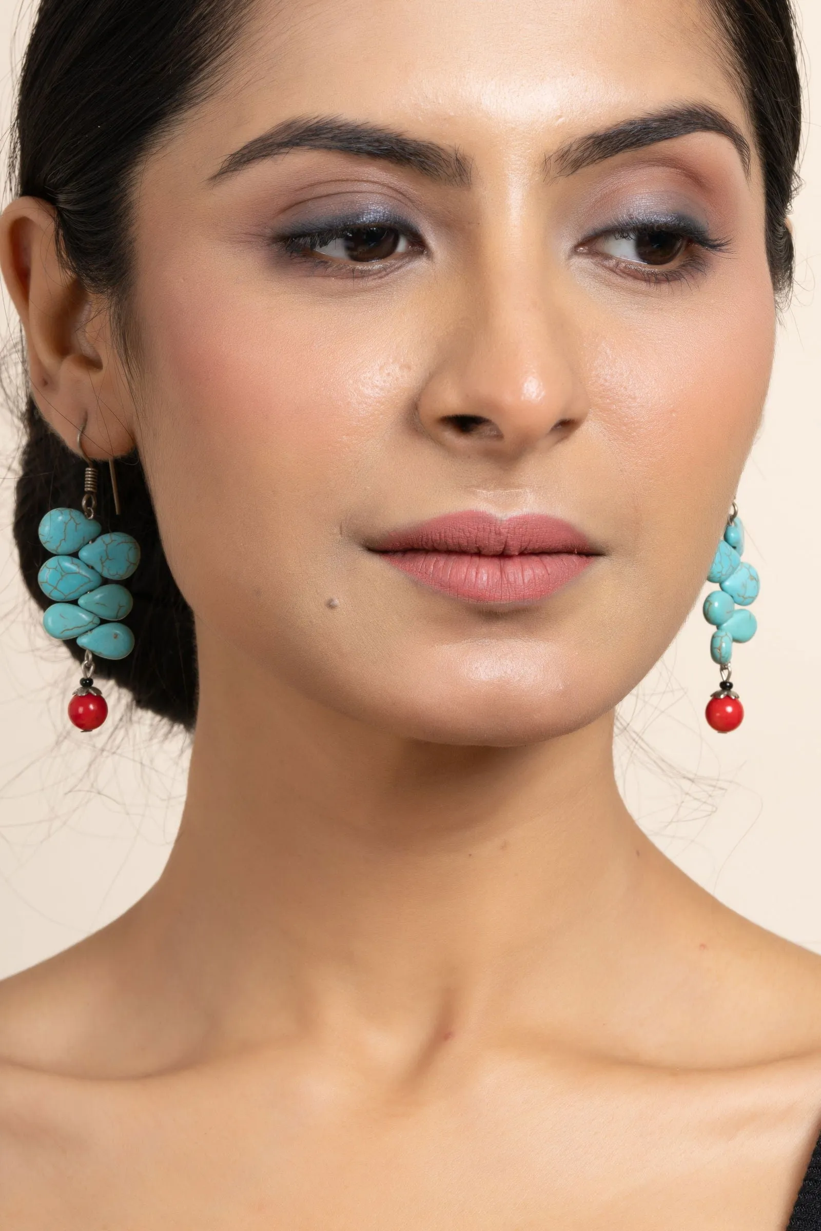 Handcrafted Semi Precious Turquoise and Red Drop Earrings - Gemstone Jewelry for Sophisticated Style